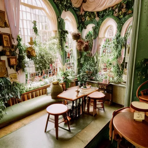 Prompt: Dreamy photo of a very very cozy bookstore cafe that is nestled into the lush PNW woods, lush plants and flowers, sleepy feeling, magical feeling, hazy, film grain, muted color palette, castles and temple details, ornaments, in the style of Gucci, photographed by Petra Collins and Wes Anderson, magic details, 8k, trending on artstation, very detailed -W 910