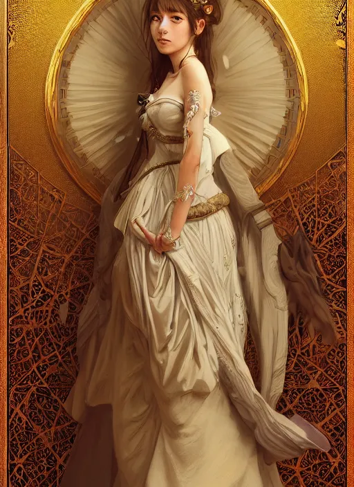 Image similar to portrait of a full body of young beautiful female princess, d & d, baroque dress, elegant, flat lighting, intricate, highly detailed, digital painting, artstation, concept art, smooth, sharp focus, illustration, misa amane, art by simon bisley and greg rutkowski and alphonse mucha, natural tpose