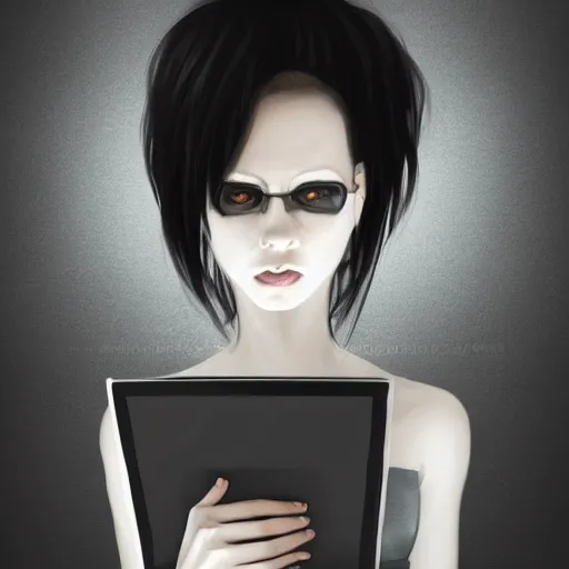 Image similar to skinny goth computer geek sitting in a dark room in front of a computer screen, highly detailed, digital painting, artstation, concept art, soft light, sharp focus, illustration