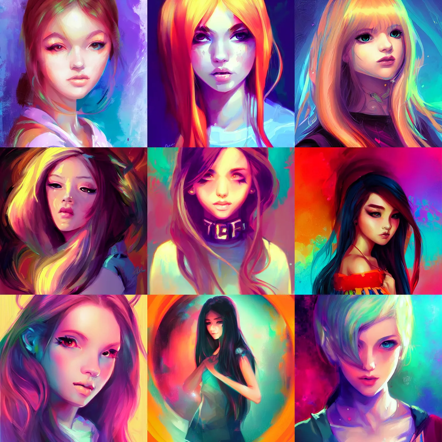 Prompt: portrait of teen girl, art by Ross tran, vivid color palette