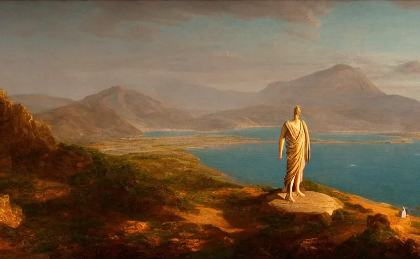 Image similar to colossus of rhodes on a hill overlooking the ocean, close up shot, at dusk, distant mountains, 4k, rule of thirds, extreme detail, hazy water, intricate ink illustration, trending on artstation, cgsociety, hd, calm, complimentary colours, realistic lighting, by Albert Bierstadt, Frederic Edwin Church.