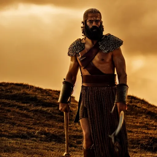 Image similar to epic cinematic film still of joe biden as leonidas in 3 0 0 movie, golden hour lighting, moody sky, 8 k