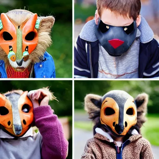 Image similar to photo realistic children on a playground wearing different animal masks,