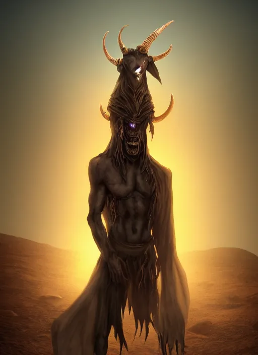 Image similar to terrific jinn demon in middle of desert with hoof on his feet and goat face with long cloth, horror, dark atmosphere, harsh lighting, cinematic lighting, scary, award wining art, artstation, high details, concept art, 4 k