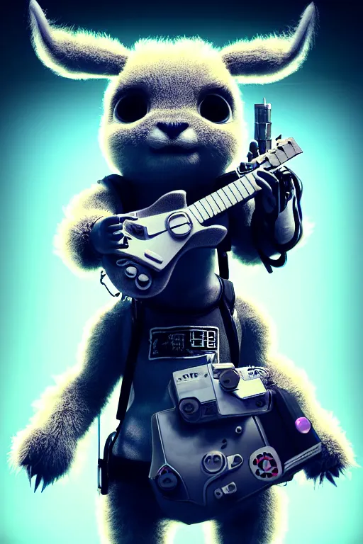 Prompt: high quality 3 d render very cute fluffy! cyborg cow plays guitar, cyberpunk highly detailed, unreal engine cinematic smooth, in the style of blade runner & detective pikachu, hannah yata charlie immer, moody light, low angle, uhd 8 k, sharp focus