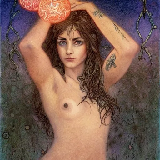 Image similar to Hermione in tattoos Extreamly beautiful Eyes Hypnotic Eyes Emotional Eyes by luis royo and Annie Swynnerton and Nicholas Roerich and jean delville glowing paper lanterns strong dramat