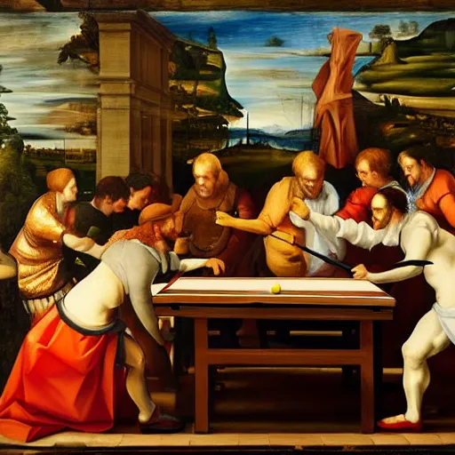 Prompt: of a Renaissance painting of gentlemens playing ping-pong