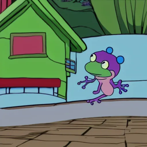 Prompt: cute frog running late for school, anime screencap, cute