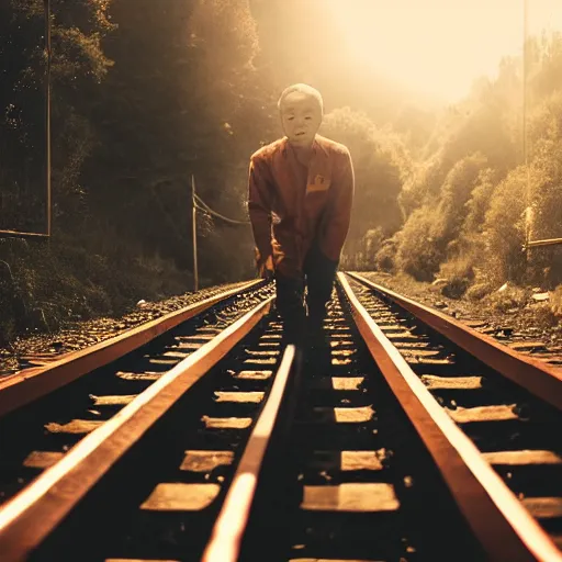 Image similar to justin sun bound in rope laying on train tracks,, beautiful cinematic lighting, epic composition, approaching train