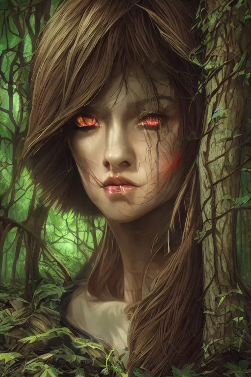 Prompt: woman in a dark forest, detailed plaid miniskirt, beautiful realistic face, detailed eyes, trending on artstation, by dan mumford, anime style, octane render, detailed close body