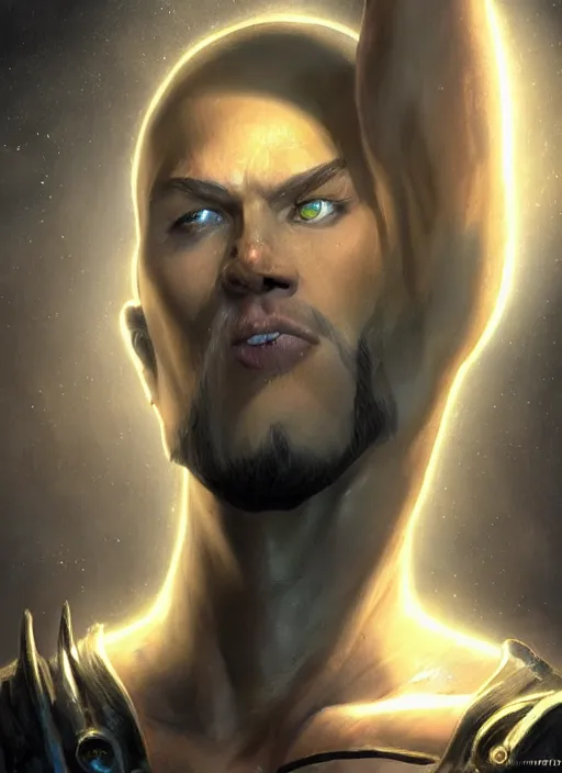 Image similar to buzzcut hair stubble male, aphelios draven, dndbeyond, bright, realistic, dnd character portrait, full body, art by ralph horsley, dnd, rpg, lotr game design fanart by concept art, behance hd, artstation, deviantart, global illumination radiating a glowing aura global illumination ray tracing hdr render in unreal engine 5