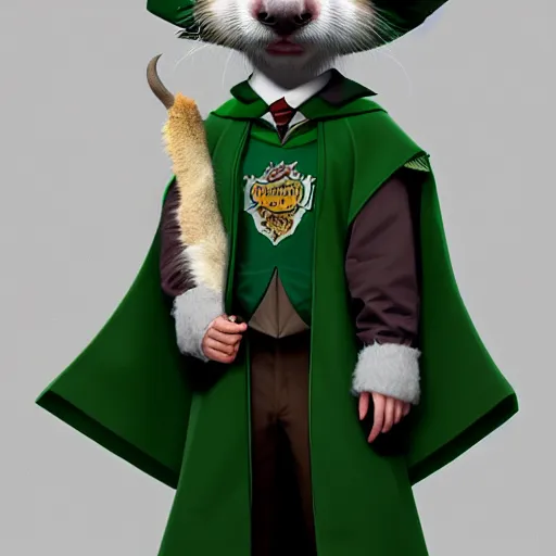 Image similar to a anthropomorphic ferret is dressed as a hogwarts student in slytherin robes, hyperdetailed, artstation, cgsociety, 8 k