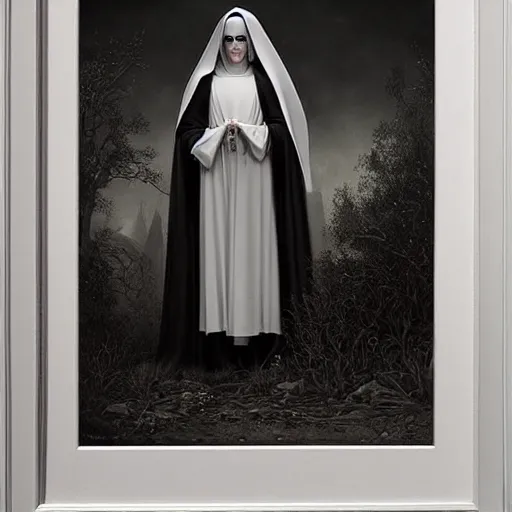 Prompt: By Tom Bagshaw, ultra realist soft painting of a gothic crypt by night, Gothic armored female nun and dressed, horror, omnious sky, symmetry accurate features, very intricate details, black and white, volumetric light clouds