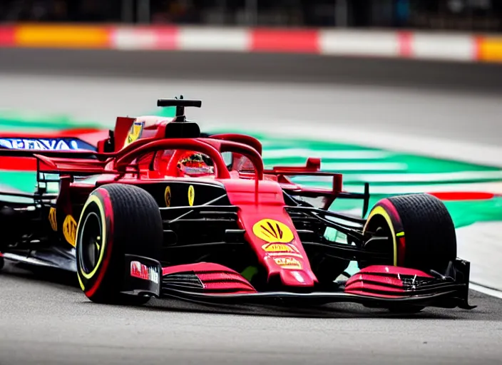 Image similar to live action photo of the 2 0 2 1 f 1 ferrari car, with clown make up livery, 8 k, hdr, sports photography