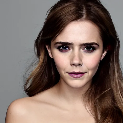 Prompt: a woman who is a genetic combination of elizabeth olsen and emma watson face and upper - body focus