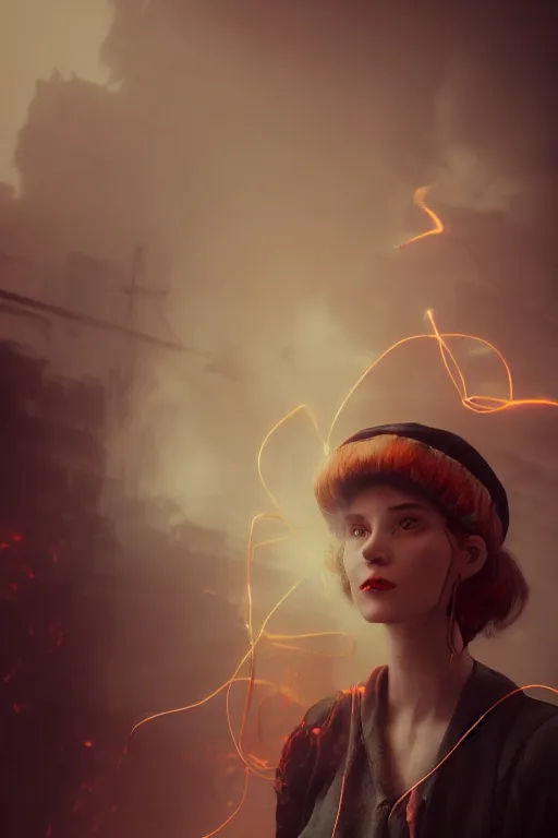 Image similar to a vintage photograph of a communist girl, strong subsurface scattering, red smoke, gold cables, dramatic lighting, stunning scene, highly detailed, concept art, octane render, trending on artstation