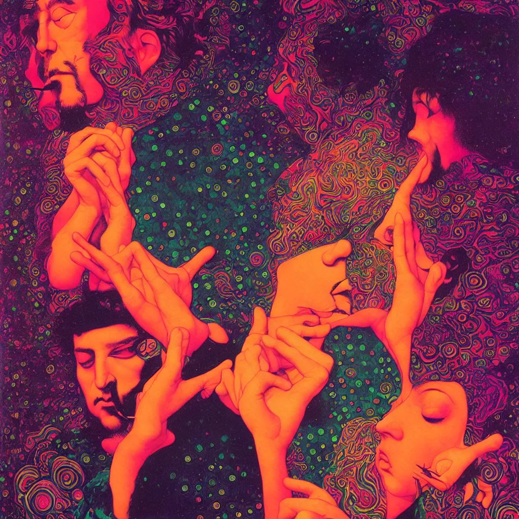 Image similar to psychedelic portrait of bill hicks smoking, vivid colors, neon, art by ( ( ( kuvshinov ilya ) ) ) and wayne barlowe and gustav klimt and artgerm and wlop and william - adolphe bouguereau