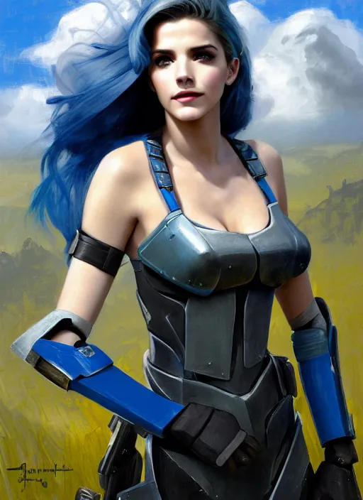 Prompt: portrait of a combination of Ashley Greene, Katheryn Winnick, Victoria Justice and Adriana Dxim, Grace Kelly, and Emma Watson with blue hair wearing Forerunner Armor from Halo, countryside, calm, fantasy character portrait, dynamic pose, above view, sunny day, thunder clouds in the sky, artwork by Jeremy Lipkin and Giuseppe Dangelico Pino and Michael Garmash and Rob Rey and Greg Manchess and Huang Guangjian, very coherent asymmetrical artwork, sharp edges, perfect face, simple form, 100mm