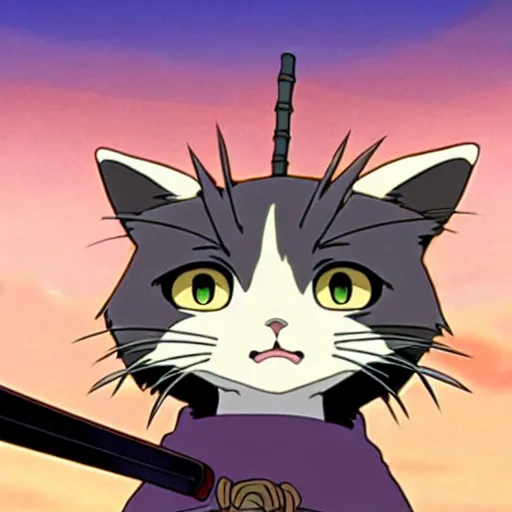 Image similar to anime key visual of hayao miyazaki studio ghibli, short - hair tabby cat wearing samurai armor