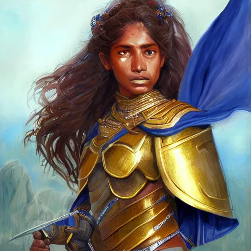 Image similar to highly detailed painting of a warrior goddess with maldivian, tan skin, blue eyes, golden armor with cape and brown hair high fantasy art by jon foster trending on arstation