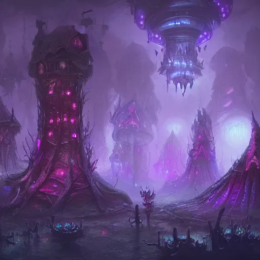 Image similar to concept art detailed painting of a dark purple fantasy fairytale fungal town made of mushrooms, with glowing blue lights, in the style of jordan grimmer and neil blevins and wayne barlowe