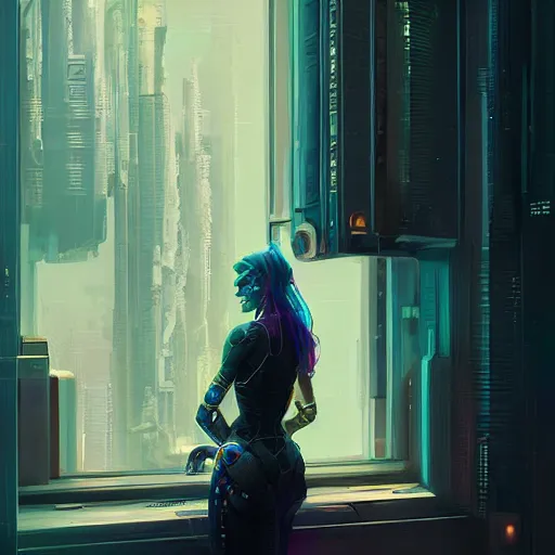 Image similar to portrait of cyberpunk woman looking out of a window, cyberpunk setting, futuristic, highly detailed, intricate lighting, digital painting, sharp focus, illustration, trending on artstation, art by peter mohrbacher.