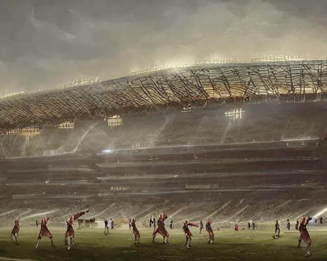 Prompt: a football stadium in the style of napoleonic france architecture, art by greg rutkowski and artgerma, stunning concept art, exterior design