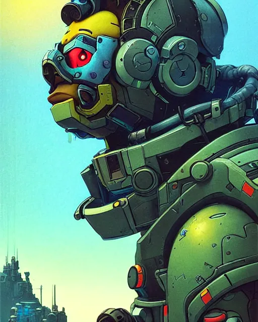 Image similar to bastion from overwatch, pet bird, character portrait, portrait, close up, concept art, intricate details, highly detailed, vintage sci - fi poster, retro future, in the style of chris foss, rodger dean, moebius, michael whelan, katsuhiro otomo, and gustave dore