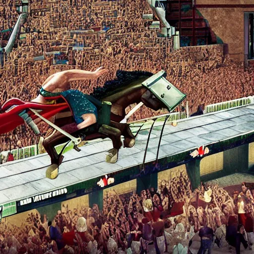 Image similar to roman horse chariot racer high jumping with chariot in a skate park half-pipe, video game cover, intense, high detail, crowd cheering