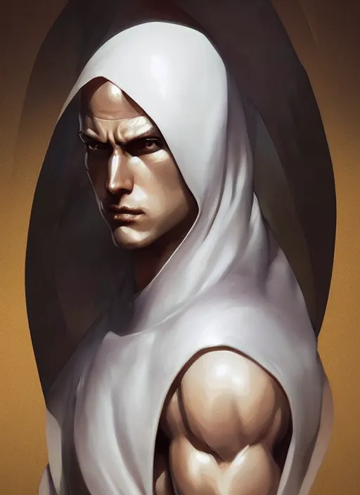 Image similar to ultra realistic illustration, handsome saitama. white cape, intricate, elegant, highly detailed, digital painting, artstation, concept art, smooth, sharp focus, illustration, art by artgerm and greg rutkowski and alphonse mucha and wlop