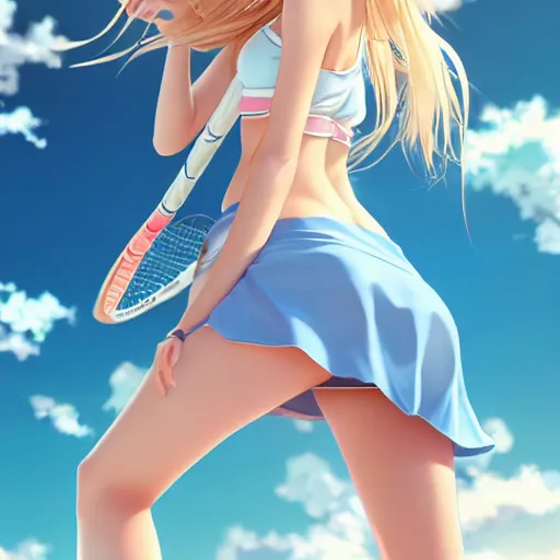 Image similar to a very beautiful young anime tennis girl, full body, long wavy blond hair, sky blue eyes, full round face, short smile, bikini, miniskirt, front view, mid - shot, highly detailed, cinematic wallpaper by stanley artgerm lau