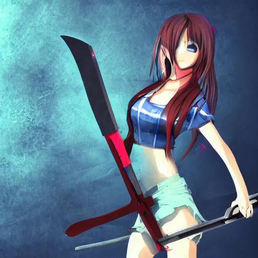 Image similar to anime girl holding a saw, action pose, highly detailed beautiful, pixiv