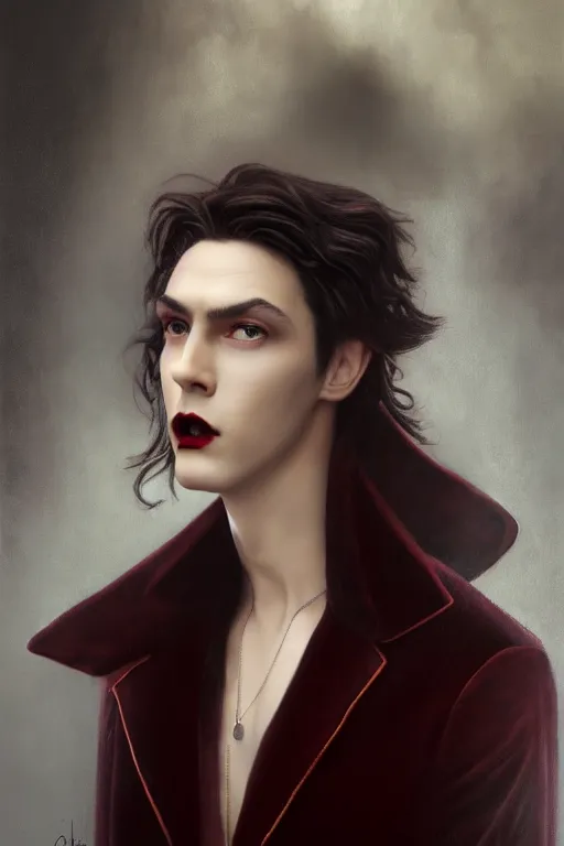 Image similar to a beautiful androgynous man, long thick dark hair, deep brown eyes, vampire, dressed in velvet, wearing a ruby pendant, illustration, dramatic lighting, soft details, painting oil on canvas, art nouveau, octane render, HDR, 4k, 8k, HD, by Edmund Blair Leighton, Brom, Charlie Bowater, faces by otto schmidt