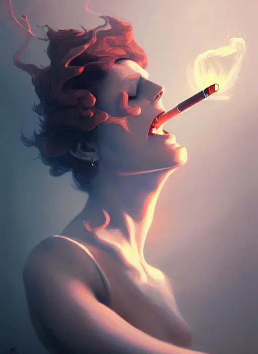 Image similar to woman exploding to smoke, backround dark, highly detailed, digital illustration, trending in artstation, modern painting, smooth, sharp focus, intricate, by peter mohrbacher