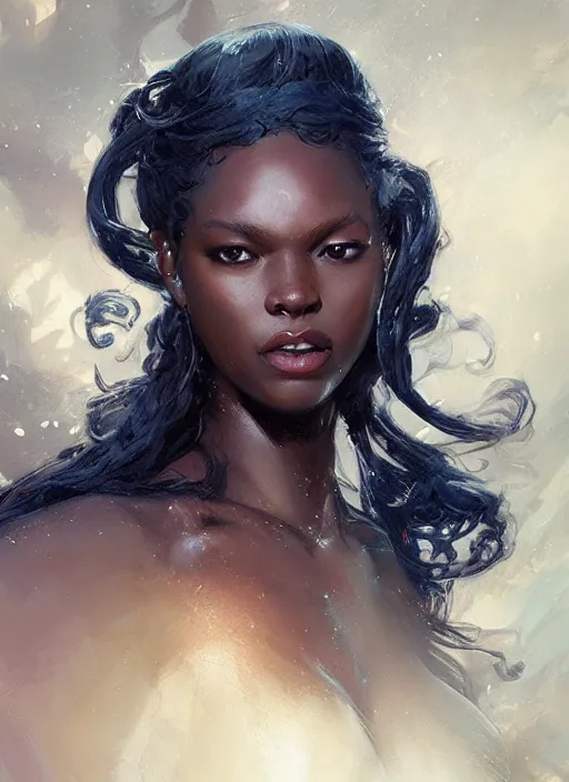 Image similar to Portrait of black mermaid, marvel comics, dark, intricate, highly detailed, smooth, artstation, digital illustration by Ruan Jia and Mandy Jurgens and Artgerm and Wayne Barlowe and Greg Rutkowski and Frank Frazetta