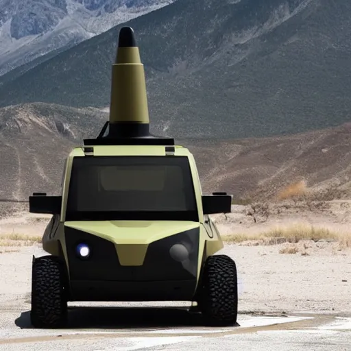 Image similar to weaponized self driving car by google equipped with multiple rocket launcher system