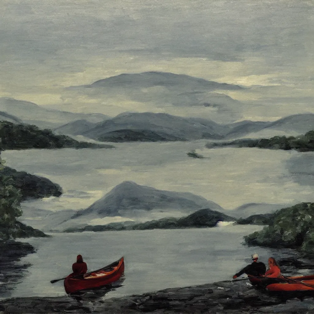 Image similar to one beautiful woman sitting in canoe on the hudson river, mountains in mist in the background, oil painting, style of george bellows