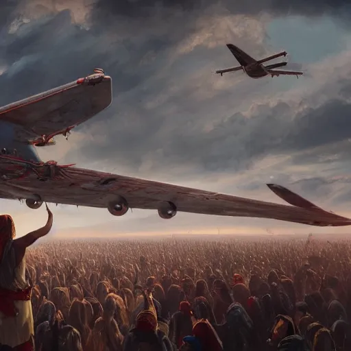 Prompt: tribal worshippers raise their hands as a plane in the distance lands, epic scene, cinematic lighting, photorealistic, historical documentary, by greg rutkowski