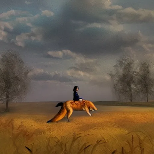 Image similar to girl riding a giant fox in a field, trending on artstation