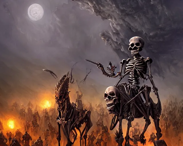 Image similar to evil skeleton riding evil skeleton horse in tatters in front of an army of evil skeleton soldiers against a dark and stormy night, illustration, by ( kieran yanner ) ( miranda meeks ) ( anna podedworna ) ( cristi balanescu ), digital art