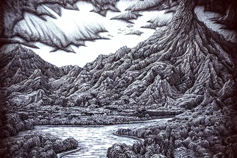 Image similar to insanely detailed landscape, ballpoint pen art