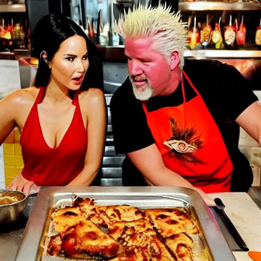 Image similar to olivia munn and guy fieri cooking in a restaurant