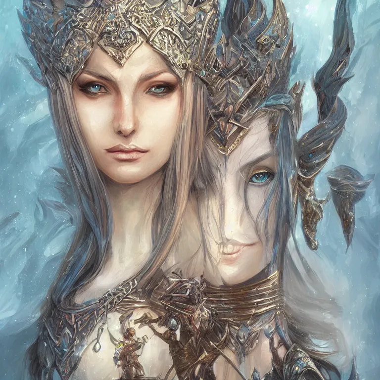 Image similar to portrait of an elf queen, D&D, fantasy, highly detailed, digital painting, artstation, concept art, smooth, sharp focus, illustration, art by Terese Nielsen and Marta Dahlig