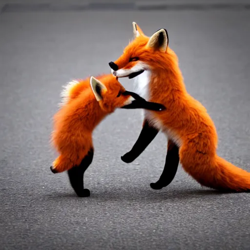 Image similar to Two fox! plushies playfully wrestling on the sidewalk, dynamic, motion blur, 1/4 shutter speed, award winning photography