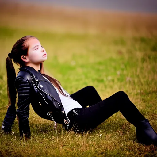 Prompt: young girl lies on a meadow, she has two ponytails and wears leather jacket, jeans and knee high black boots, sharp focus, photo taken by nikon, 4 k,