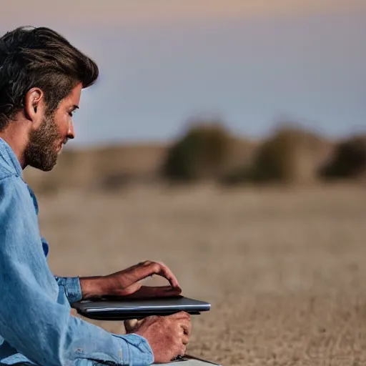 Prompt: a man with a laptop in the sandhill windy, photorealistic, 4 k