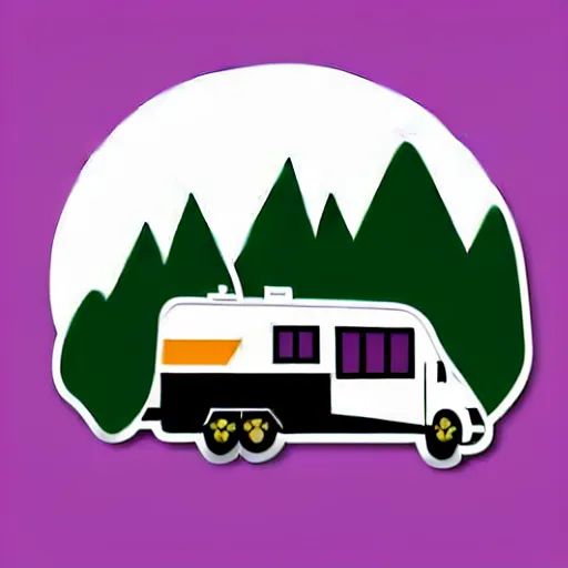 Image similar to minimal vector art sticker of a white and black cute thor chateau! motorhome camper!!, highway, mountains and colorful sunset!!, very very happy, dramatic, warm colors, crisp lines, very minimal vector art, sticker!! by tom whalen