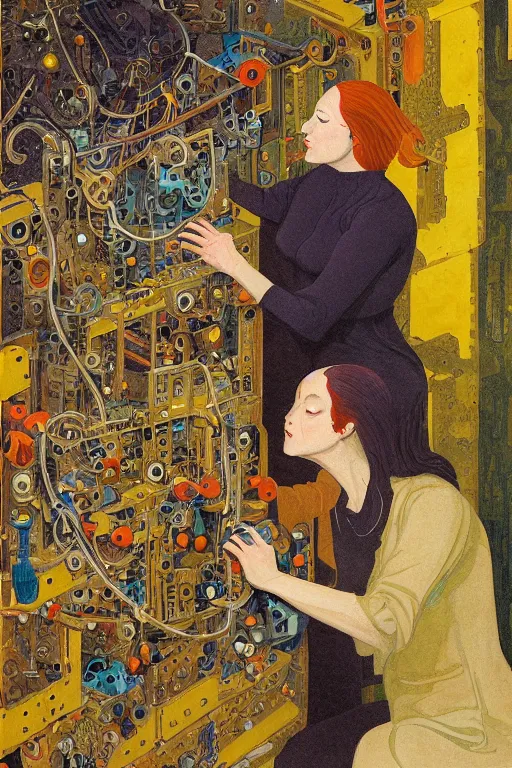 Image similar to realistic portrait of an engineer woman fixing the samsara cluster, fine portrait, concept art, stunning, in the style of brecht evens and jean delville