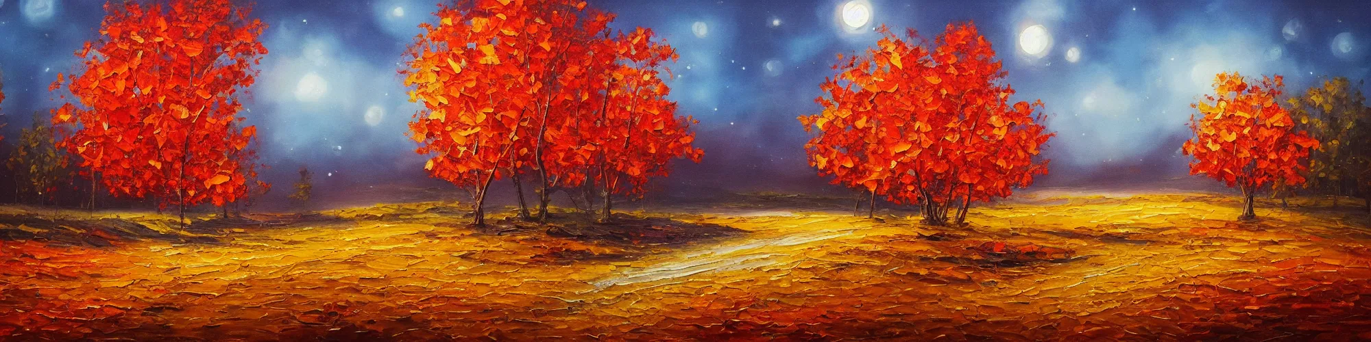 Image similar to painting of autumn landscape during night, non symmetrical, award winning painting, beautiful, breathtaking, stunning scenery, trending on artstation, masterpiece