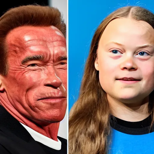 Image similar to Arnold Schwarzenegger and Greta Thunberg are happy together, realistic cartoon